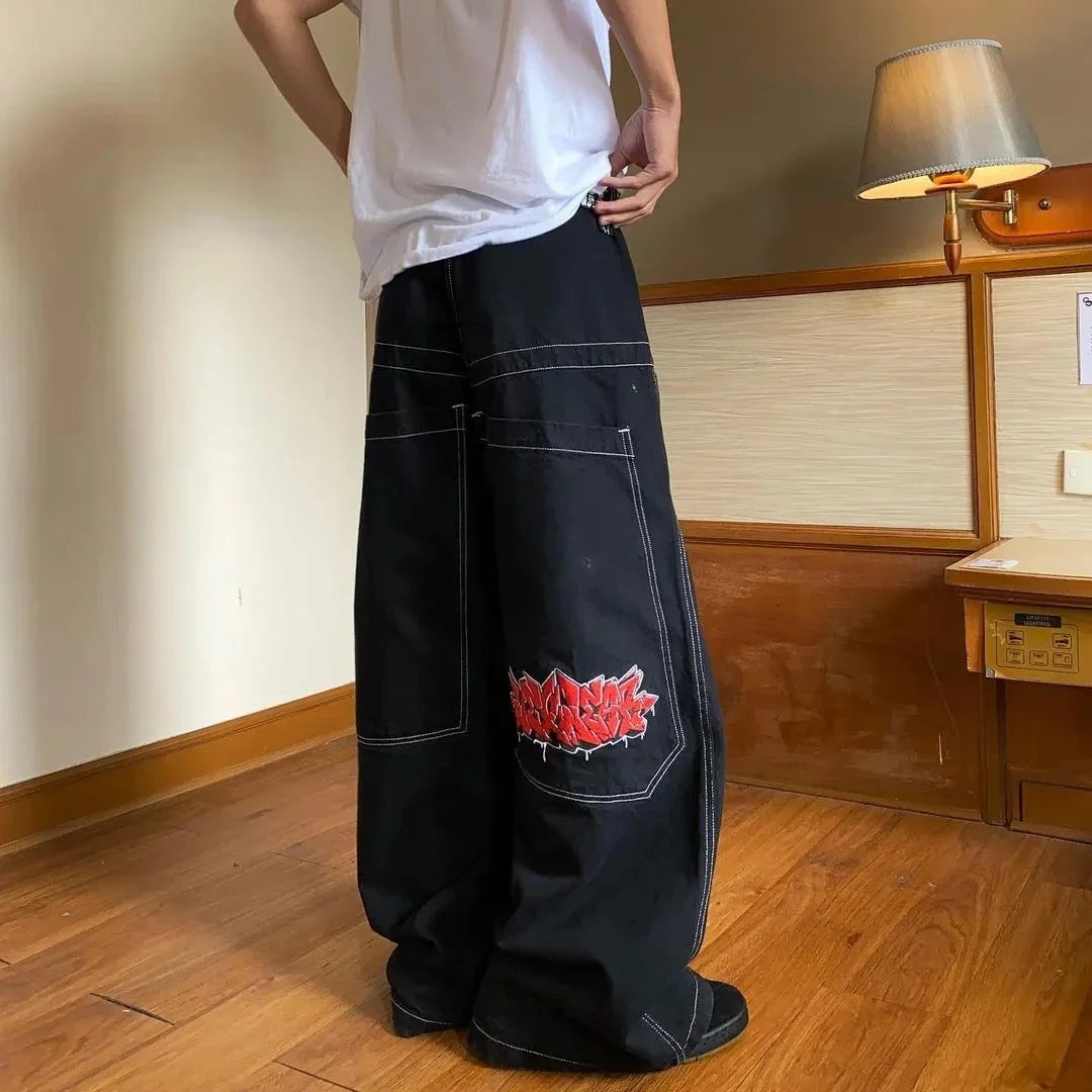 warmmeta Y2k American High Street Hip Hop Skull Embroidered Jeans Men's Gothic Harajuku Fashion Loose Straight Leg Wide Leg Pants