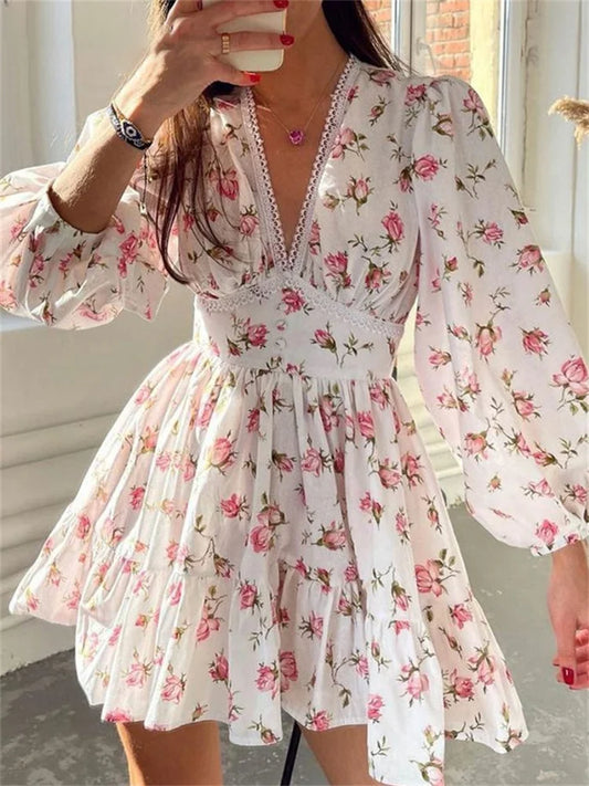 Elegant Women Floral Print Short Spring Outfits Mini Dress Long Lantern Sleeve Deep V Neck High Waist A-Line Dresses Female Vestidos