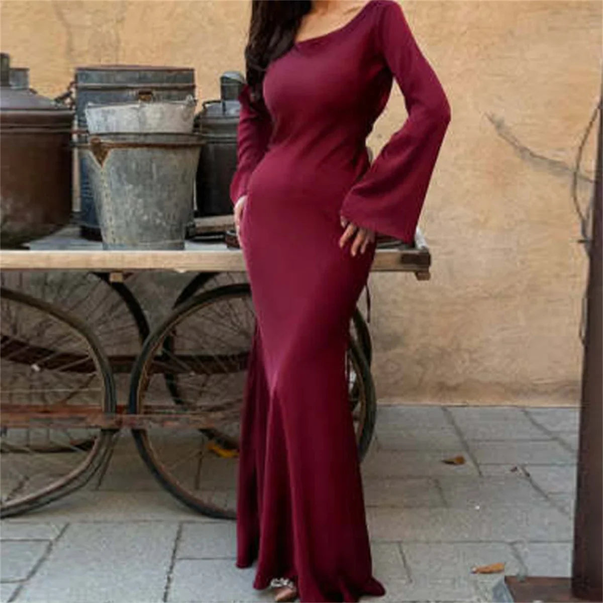 Women Elegant Long Dresses 2024 Fashion Simple Round Neck Satin Flare Sleeve Lace Up Slim Party Prome Maxi Dress Evening Gown