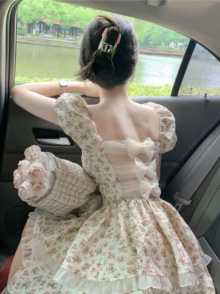 Tea Break French Dresses Floral Bubble Sleeve Dress 2024 Women Summer Waist Backless Bow Princess Poncho Vestido