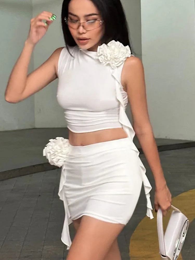 Sexy 3d Flower Tassels Stringy Selvedge Mini Skirt Sets Women Elegant O Neck Sleeveless Tops Suit Summer Fashion High Streetwear