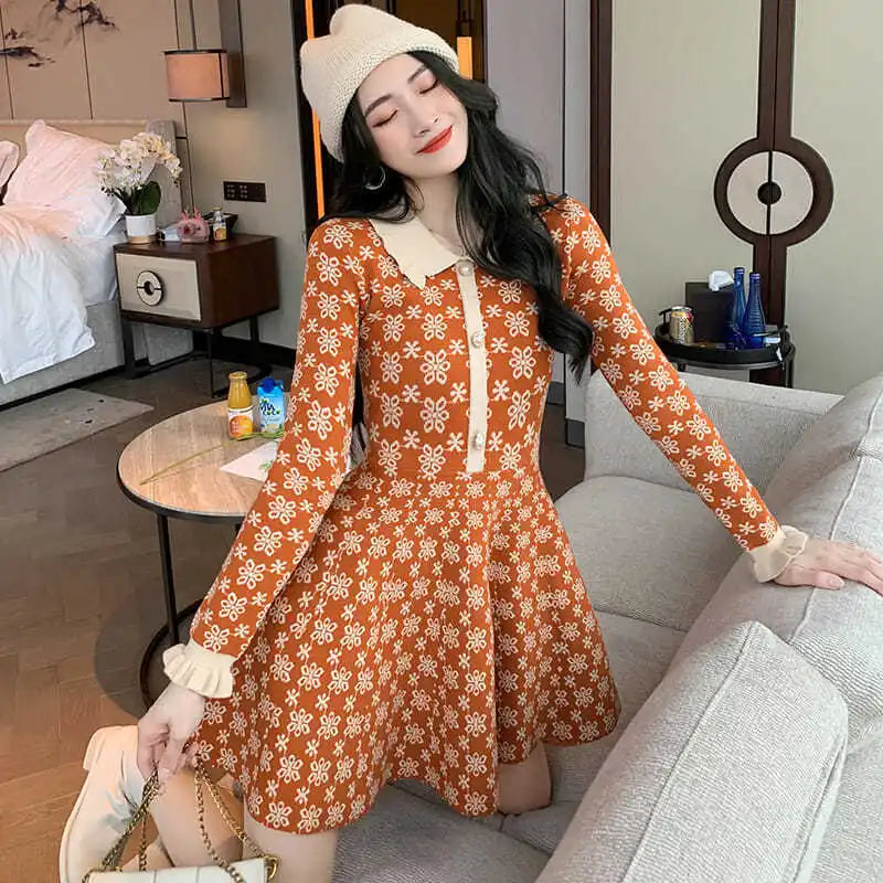 Women's Clothing Simplicity Elegant Korean Slim Casual Printing Turn-down Collar Long Sleeve Buttons Patchwork Knitting Dresses