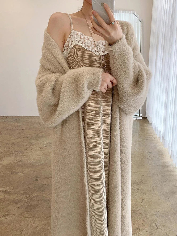 warmmeta Fluffy Long Cardigan Woman Autumn Winter Knitted Sweater Female Elegant Fashion Midi Knitwear Coat Ladies Sweet Loose Cardigans