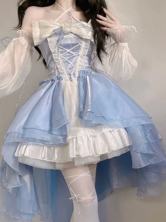 warmmeta French Romantic Style Lolita Op Elegant Girl Cosplay Princess Puff Sleeve Ribbon Bowknot Flower Tunic Mesh Fantastic Fairy Dress