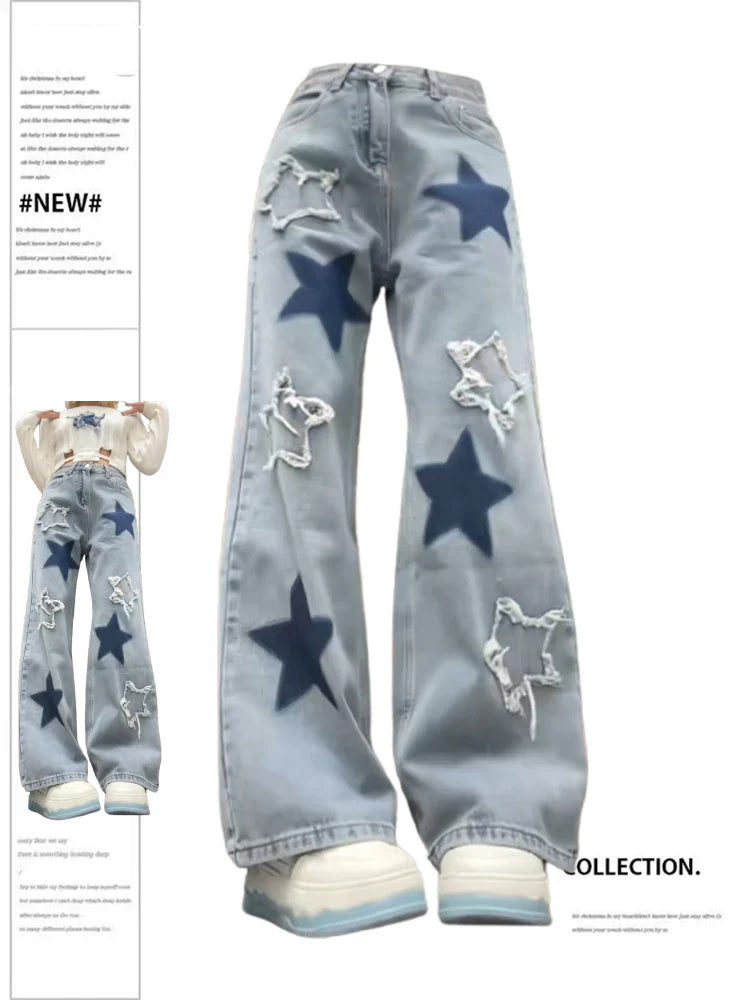 warmmeta Women's Baggy Blue Star Jeans Vintage Y2k 90s Aesthetic Denim Trousers Harajuku High Waist Wide Cowboy Pants 2000s Clothes