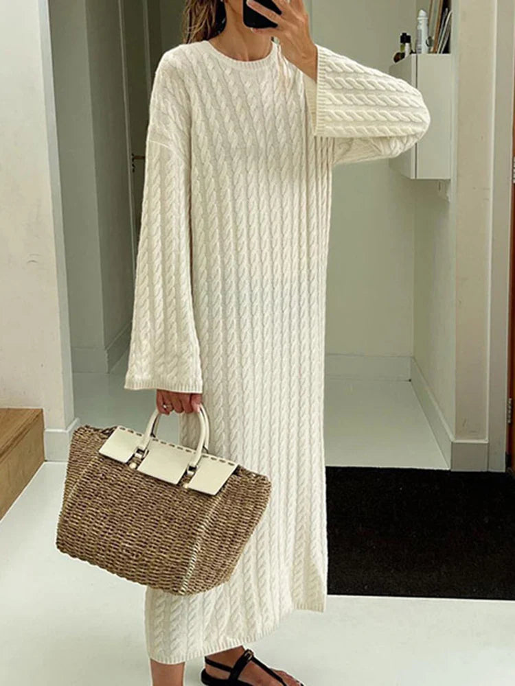 Picsgirl Autumn Winter Knitted Dress Women Fashion Solid Color Ribbed Sweater Dress Female Elegant Casual Loose Long Sleeve Long Dresses