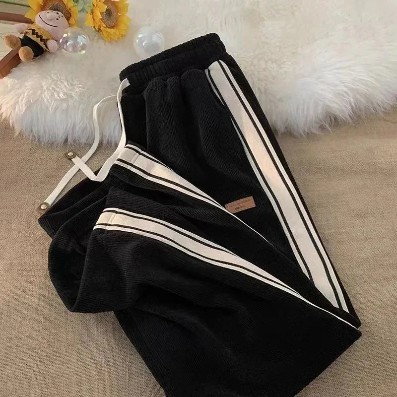 Fall Striped Corduroy Sweatpants Women Winter Thick High Waist Drawstring Wide Leg Trousers Y2K Korean All-Match Straight Pants