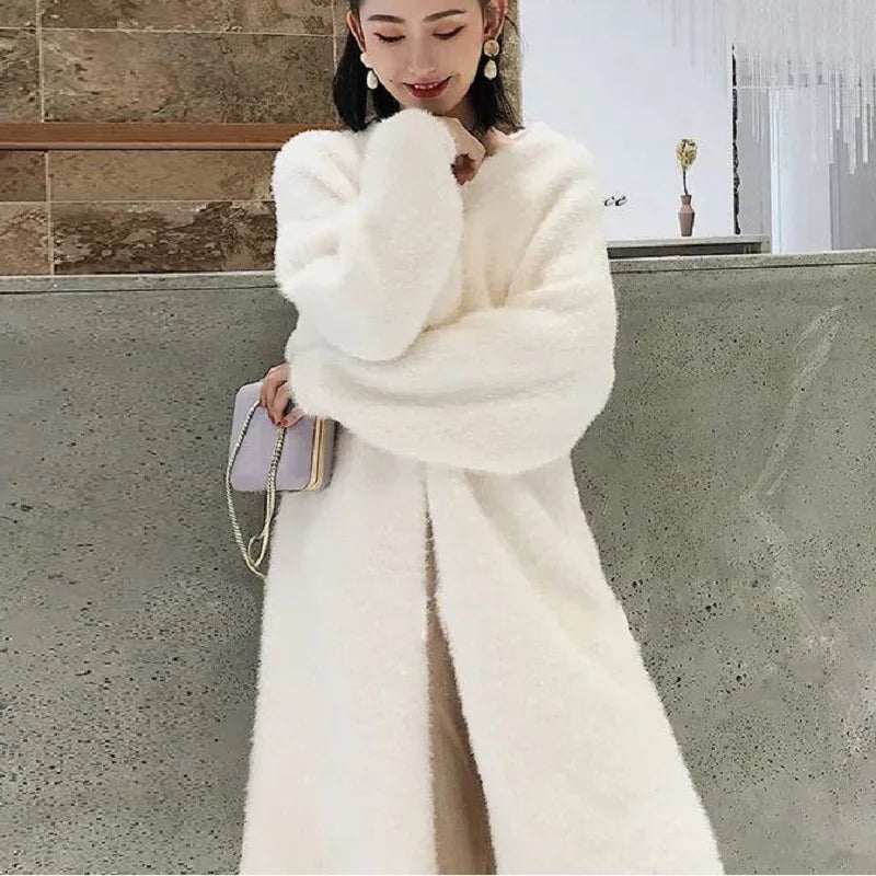 white Long Cardigan for women  new winter clothes Knitted fluffy long sleeve Cashmere sweater coat korean style warm vintage