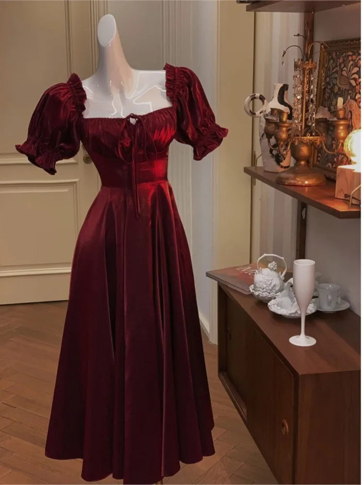 Vintage French Burgundy Evening Party Dress Women 2024 Summer Elegant Romantic Prom Vestidos Korean A-line Graduation Dresses