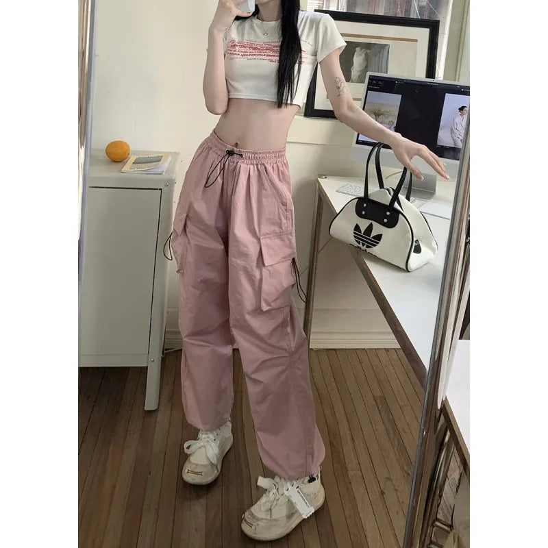 warmmeta Women Casual Joggers Tech Pants Solid Low Waist Sweatpants Drawstring Wide Leg Baggy Trousers Y2k Streetwear Oversize Sweatpants