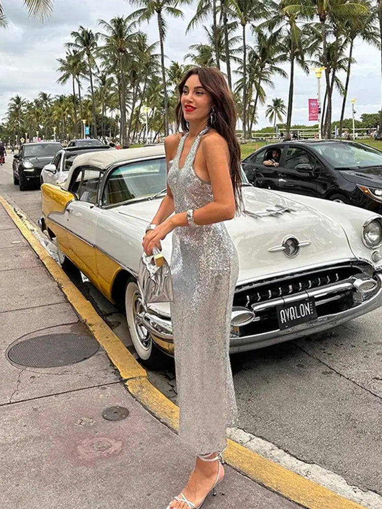 Picsgirl -  Women Backless Metal Sequins Dresses Sexy Silver Sleeveless Shinny Halter Vestidos Female Christmas Banquet Evening Robes