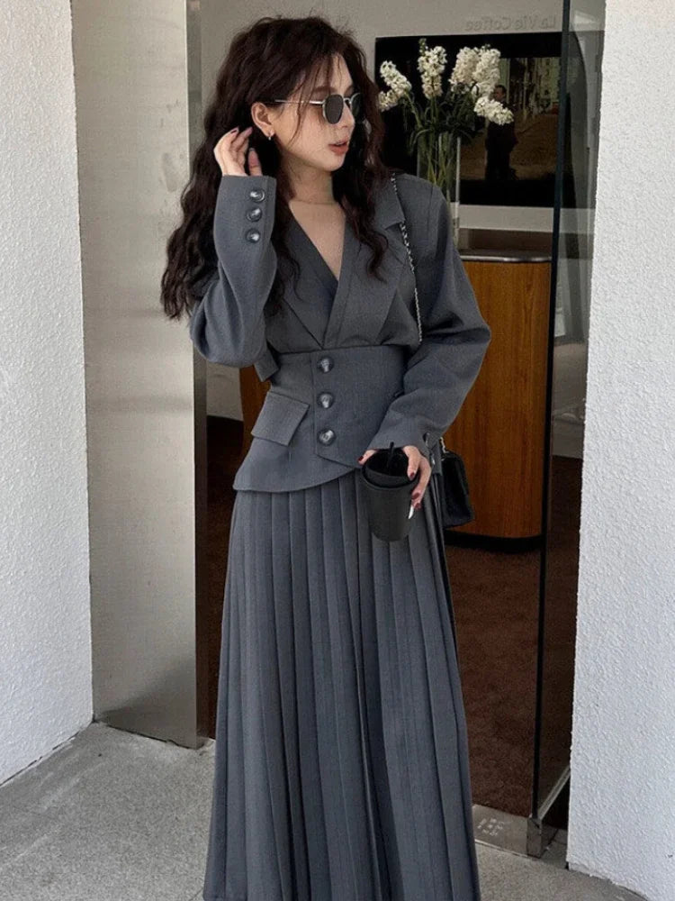 Fashion Designer Vintage 2 Piece Set Women Temperament Office Lady Long Sleeve Coat + Higt Waist Pleated Skirt Blazers Suit