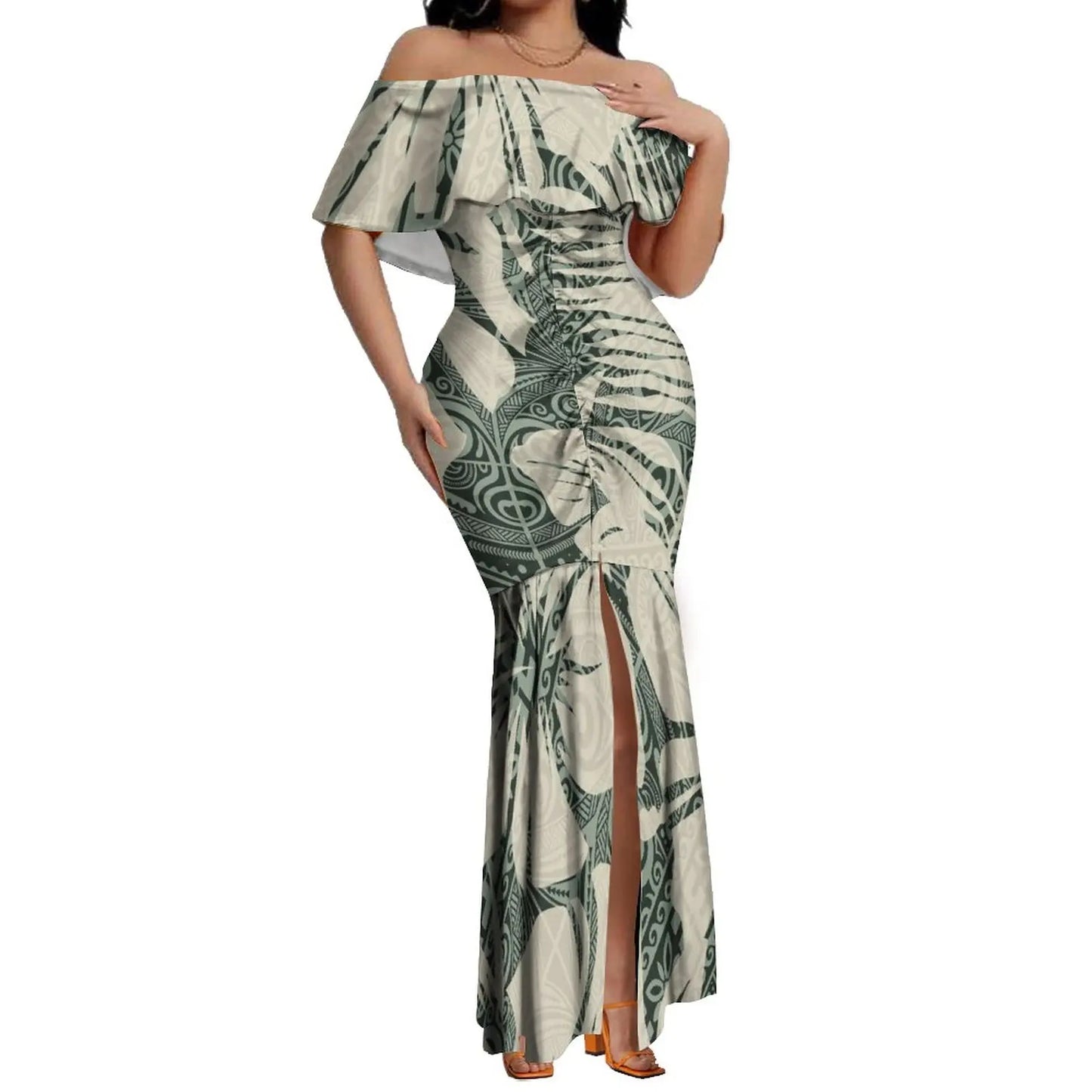 Pacific Island Art Women's Dresses Polynesia Hawaii Retro Style Off Shoulder Split Mermaid Dress