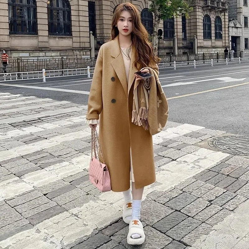 Pink Woolen Coat Women's Mid length 2023 Autumn/Winter New Korean Version Loose and Versatile Hepburn Style Small Woolen Coat