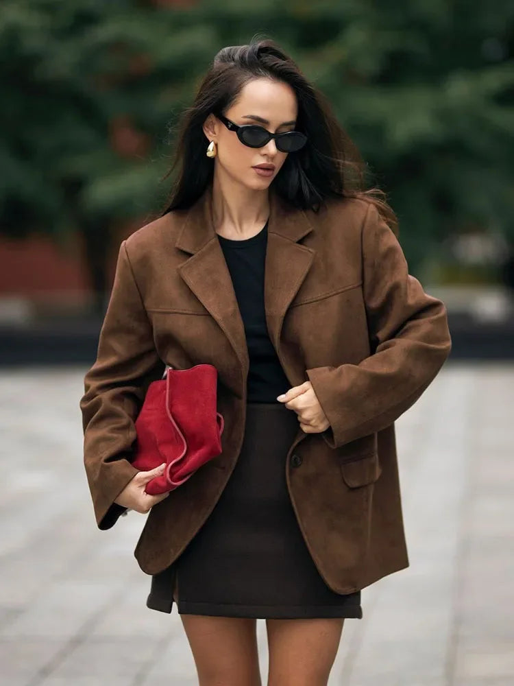 Retro Brown Lapel With Pocket Jacket Woman Fashion Buttons Long Sleeve Short Coat Female Autumn High Street Outwear