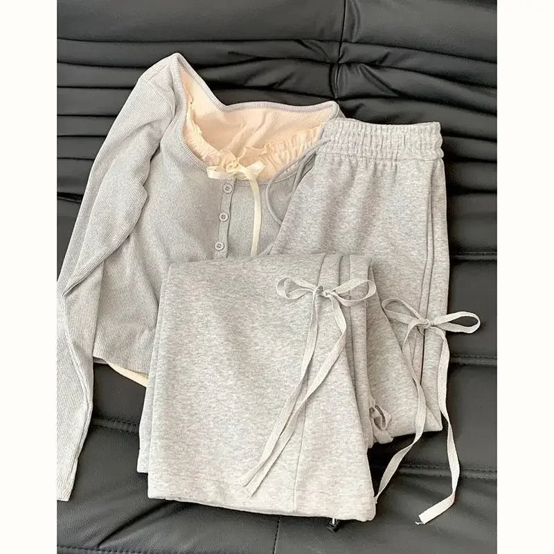 2024 Spring and Autumn Season New Bow Design High Waist Slim Fit Wide Leg Pants Two Piece Set Versatile Casual Grey Women's Set