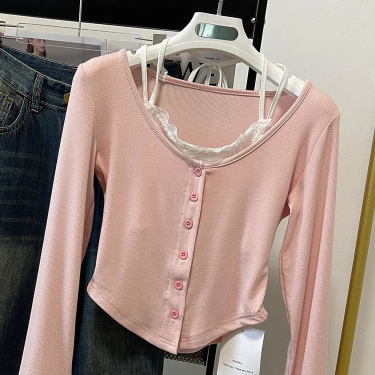 Pink T-shirts Women Slim Sweet College Fashion Korean Spring Soft Leisure Cropped Spliced Designed New Arrival Daily Casual