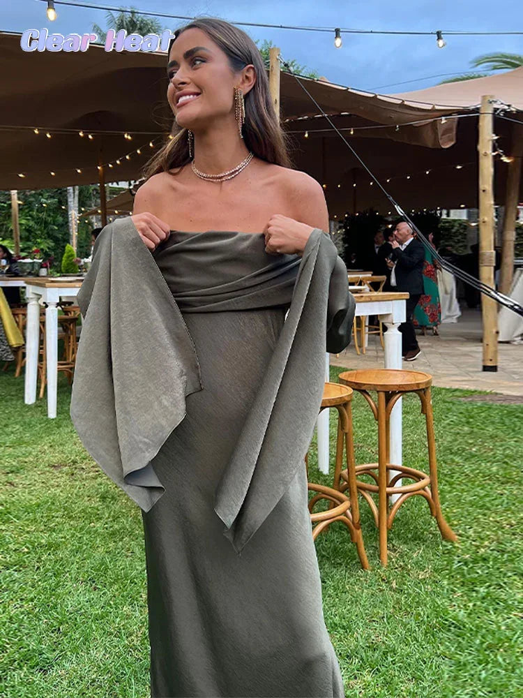 Women 2024 Sexy Solid Off Shoulder Midi Dress Elegant Chic Slash Neck Long Flare Sleeve Dresses Female High Street Club Robes