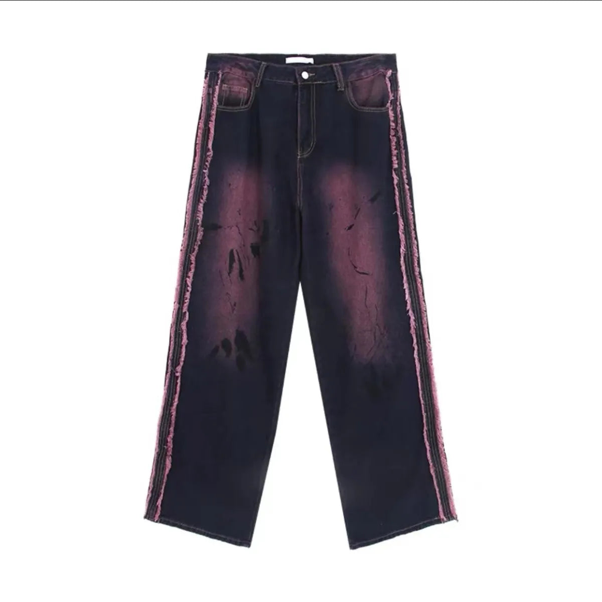 American Retro Color Washed Splashed Ink Tie-dye Raw Edge Women's Straight-leg Pants Design Loose Trendy Fashion Wide-leg Pants