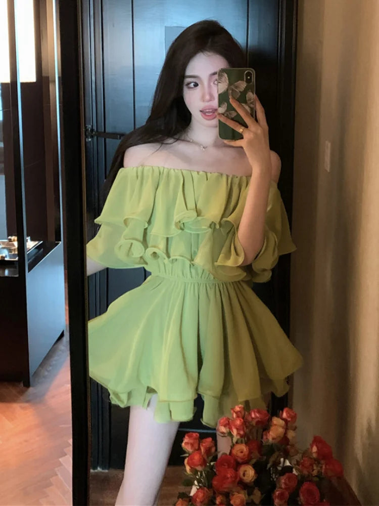 WARMMETA Dresses Women Off Shoulder Slash Neck Ruffles Sexy Spring Summer Patchwork Solid Loose Elegant Mini Dress Ladies Fashion