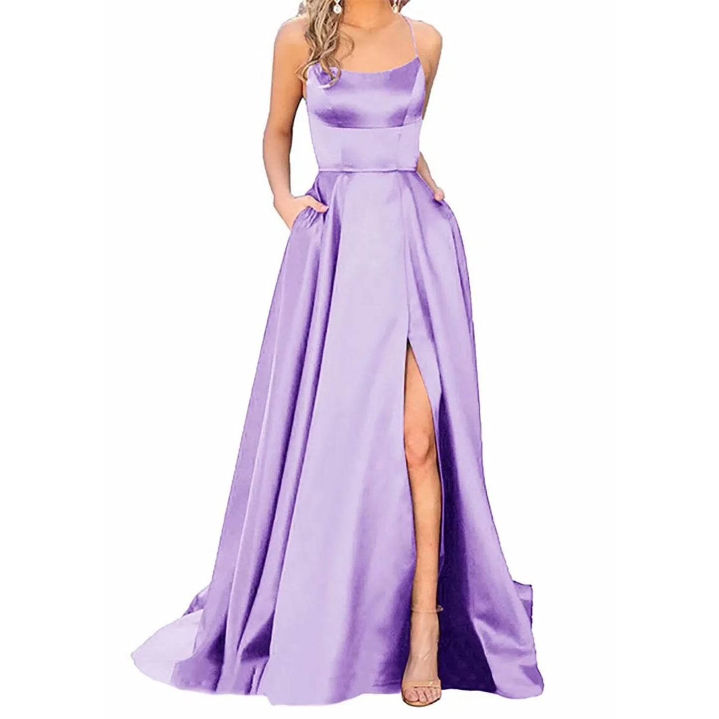 warmmeta-Sexy Backless Long Evening Prom Dress Purple Side Slipt Maxi Dress Women A Line Spaghetti Straps Satin Prom Gowns Formal Vestido