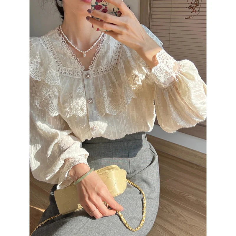 warmmeta-Vintage French Women Shirts Lace Lolita Elegant Long Sleeve Flounce Blouse High Quality Office Lady New Fashion Chic Female Tops