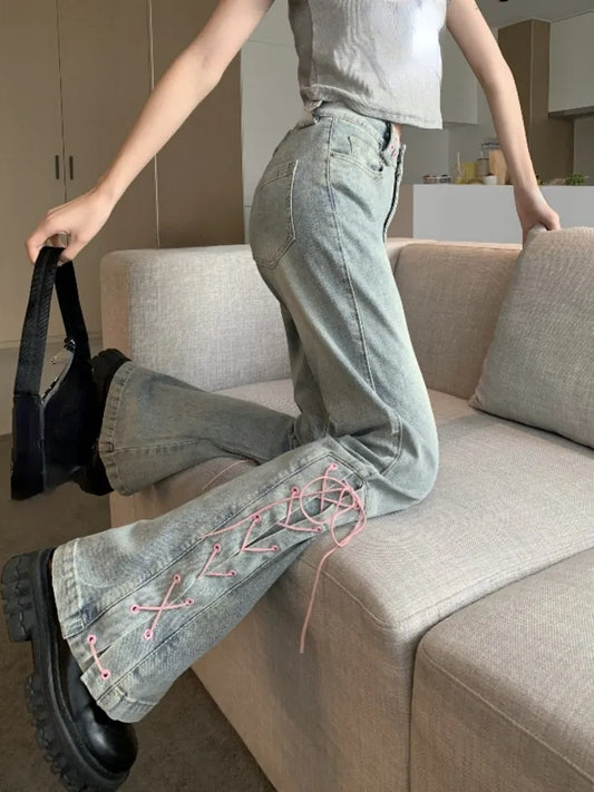 High Waist Slim Flare Pants Women Casual Vintage Wide Leg Jeans Pure Color Korean Style Denim Trousers Female 2022 Autumn Design