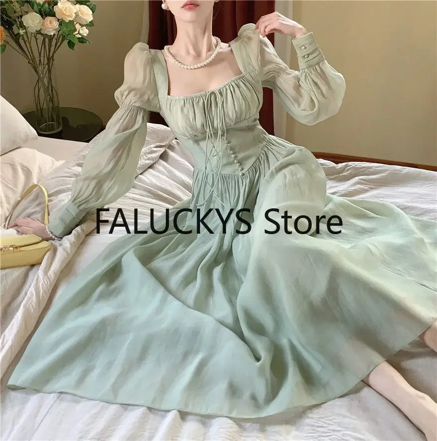 WARMMETA Women Lantern Sleeve Beach Holiday Dress French Elegant Fashion Fairy Long Dresses Female Party Vestidos Robes Summer 2024