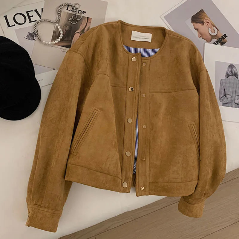 Suede Short Jacket Women Korean Camel Fashion Long Sleeve Flight Suit Harajuku Single Breasted Loose Tops Female Vintage Coats