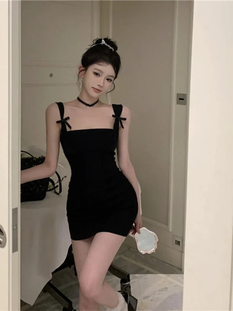 WARMMETA Sexy Dresses Women Sleeveless Bow Sqaure Collar Backless Solid Slim French Style Chic Party Dress Ladies Elegant