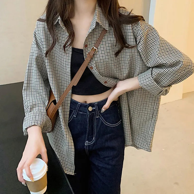 Lucyever Vintage Plaid Shirts for Women Spring Autumn Long Sleeve Loose Casual Blouse Woman Korean All-Match Buttons Up Blusas