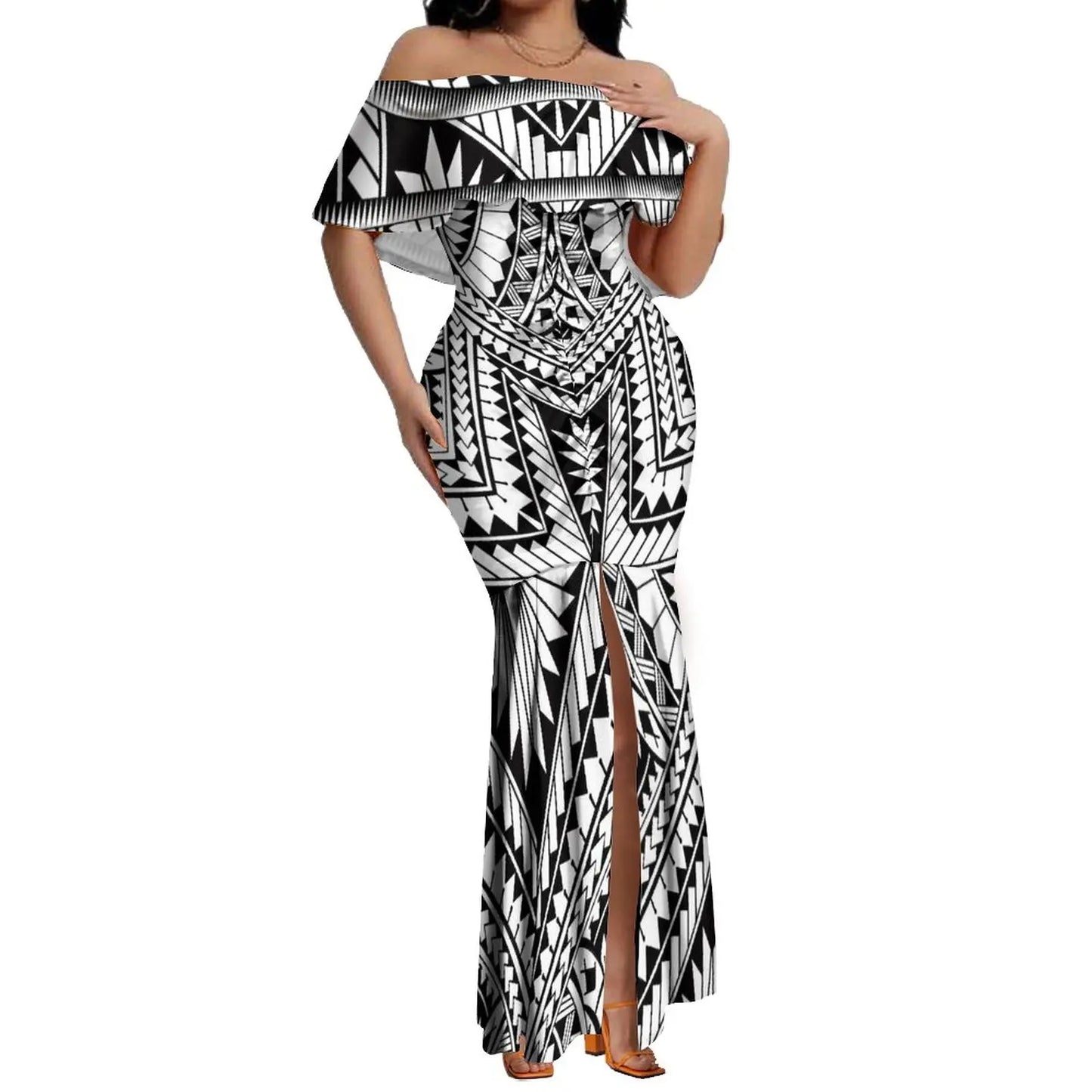 Pacific Island Art Women's Dresses Polynesia Hawaii Retro Style Off Shoulder Split Mermaid Dress