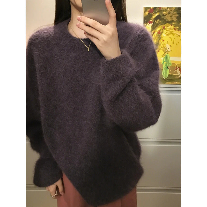 Winter Casual Purple Knitting Long Sleeve Solid Color Pullovers Korean Fashion Women Chic Loose Coquette Warm Sweater