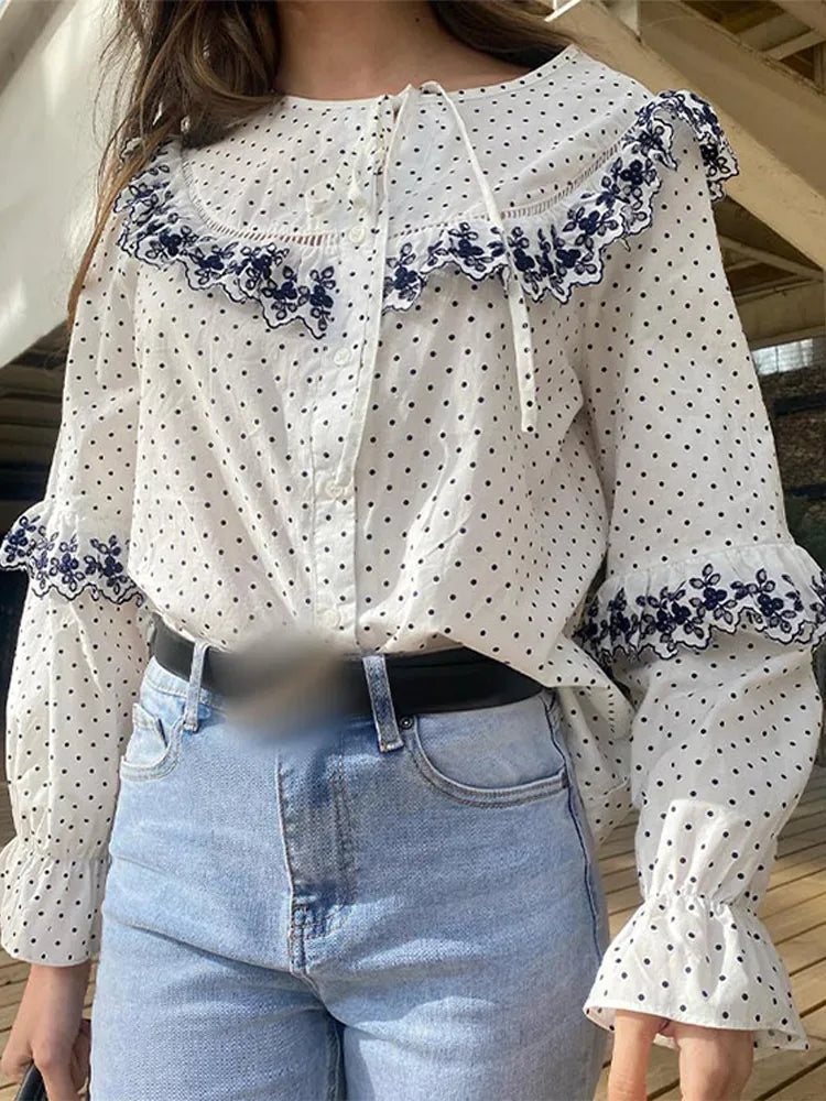 PICSGIRL  -  Sweet Dot Ruffle Lace Up Shirt For Women Casual Round Collar Long Sleeve Loose Tops 2024 Spring Female Commuting Street Blouse