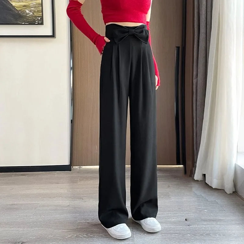 Women's Clothing Solid Color Bow Pockets Elastic High Waisted Chiffon Casual Wide Leg Trouser Suits Spring Summer Sweet Pants