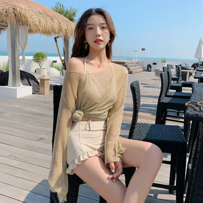 Women Fantasie High Waist 3 Piece Cover Up Swimwear Swimsuit Korean Style Vacation Swim Beach Wear Cardigan Bathing Suit