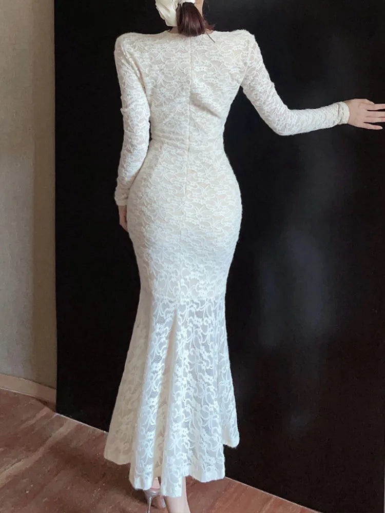 Picsgirl White Lace Dresses Women Elegant Temperament Bodycon Mermaid Dress Autumn Long Sleeve V Neck Evening Party Hip Wrap Long Dresses