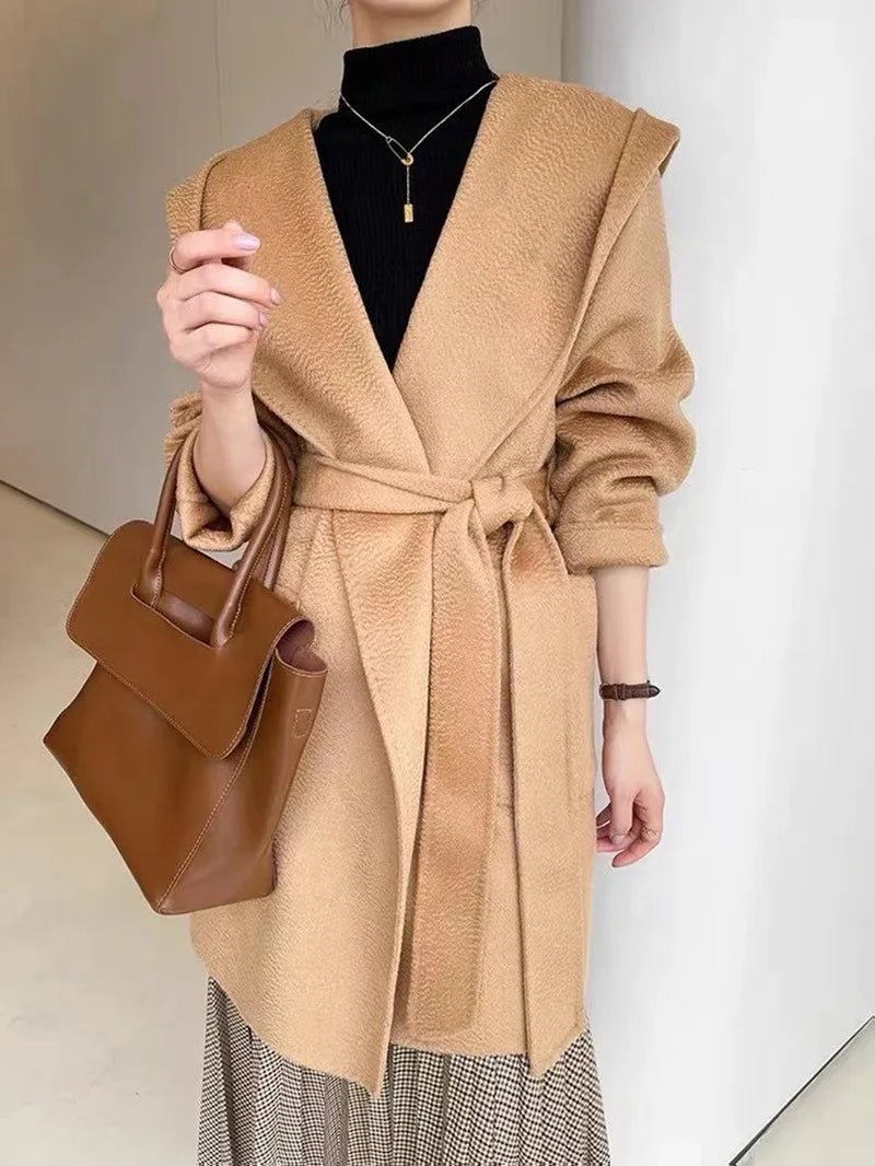 Autumn Mid-length Hooded Coat Women Black Water Ripple Cashmere Coat Female New Winter Casual Lace-up Loose Beige Coat Classic