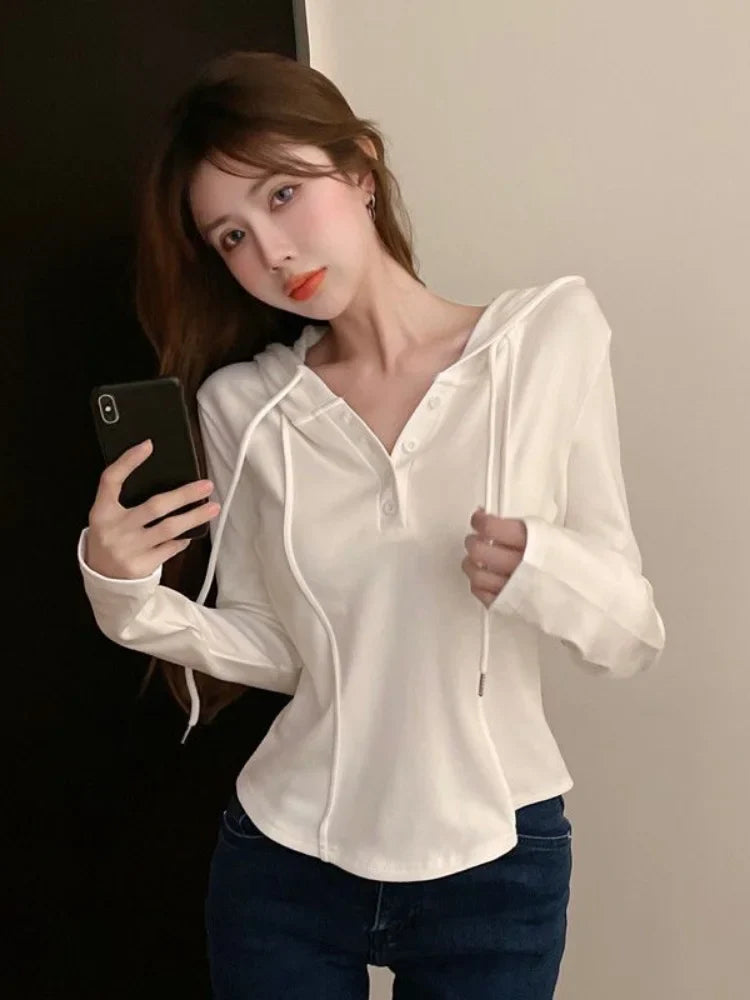 Deeptown Korean Style Slim Crop Hoodies Women Pullovers Kpop Solid Hooded Sweatshirt White Long Sleeve Tops 2022 Autumn Fashion