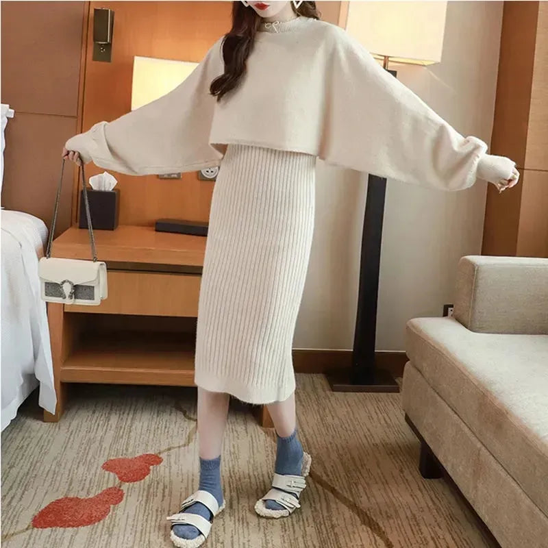 Winter Women Warm Knitted Sweater 2 Pieces Set Women Solid Color Long Sleeve Pullovers Sweater & Knitted Skirts 2PCS Suits