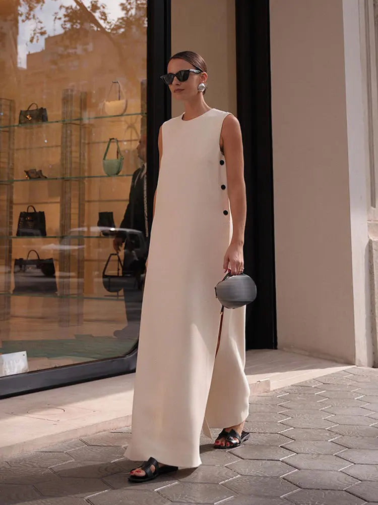 Women Summer Fashion Solid Button Split Maxi Dress Elegant O-neck Sleeveless Loose Dresses Female Beach Vacation Party Vestidos