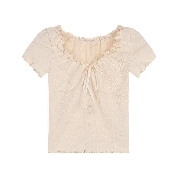 Sexy Ruffle V Neck Lace Up Cropped T-shirts Summer Women Solid Color Slim Student Korean Tshirt Tops CDPF-DL-5288