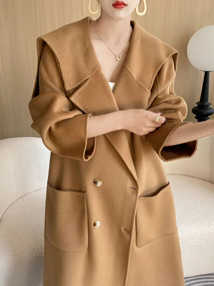 High-End Beautiful Women's Coat Autumn and Winter Long 100%Pure Wool Dovetail Collar Trendy Coat Fashionable All-Match Loose Top