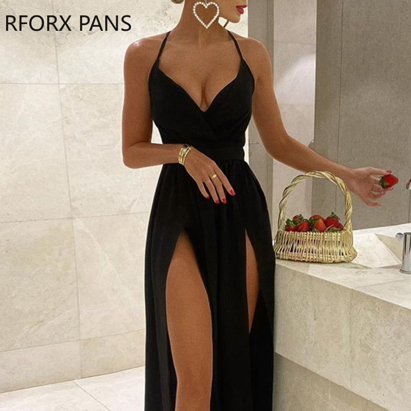 warmmeta Women Elegant Solid Spaghetti Strap Bodycon Deep V Neck High Silt Maxi Formal Party Sexy Black Dress