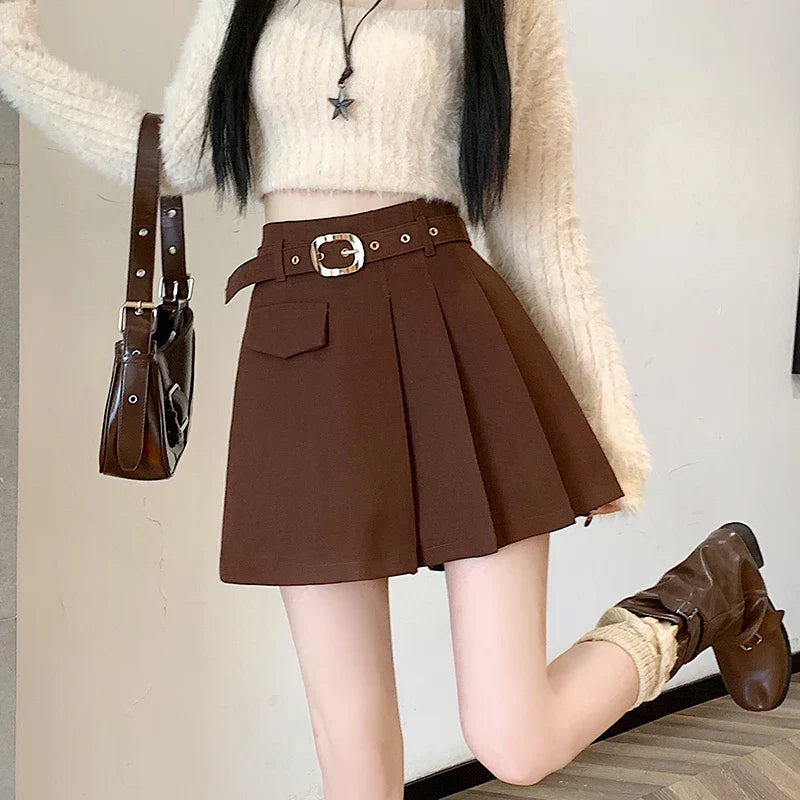 2023 Autumn/Winter Korean version high waisted slim pleated short skirt pants with irregular A-line wide leg shorts for women