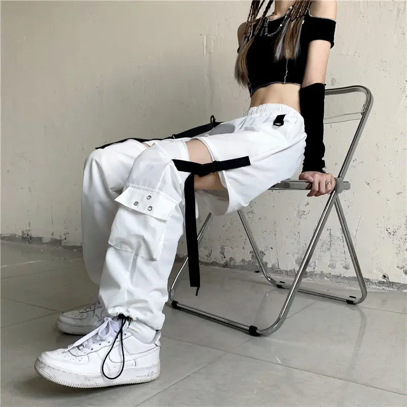 Streetwear Spring Summer Cargo Pants Women Harajuku Slim Punk Ribbons Joggers Elastic Waist Ankle-Length Trousers For Girls