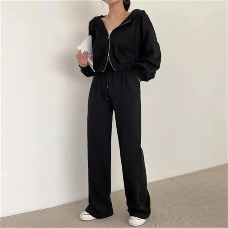 Women Pants Suits 2023 New Fall Korean Style Long Sleeved Zipper Top High Waist Casual Female Loose Sports 2 Piece Pants Sets