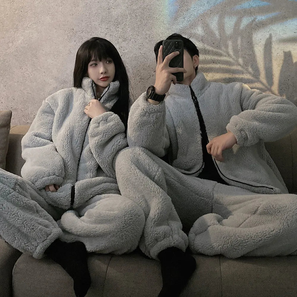 Winter Pajamas Women Coral Fleece Homewear Suit Couple Long Pijama Men Thickened Velvet Warm Soft Comfortable Pajamas Set