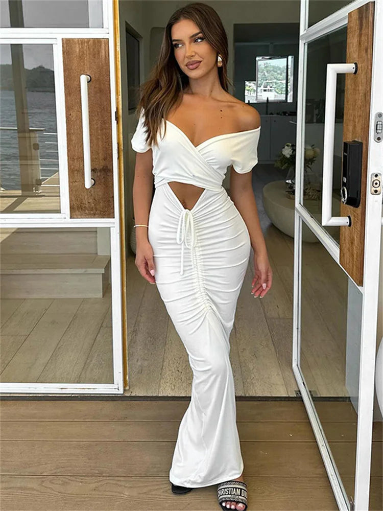 PICSGIRL -  Hollow Out V-Neck Drawstring Maxi Dress Female Bandage Patchwork High Waist Lace-Up Party Dress Ladies White Party Dress