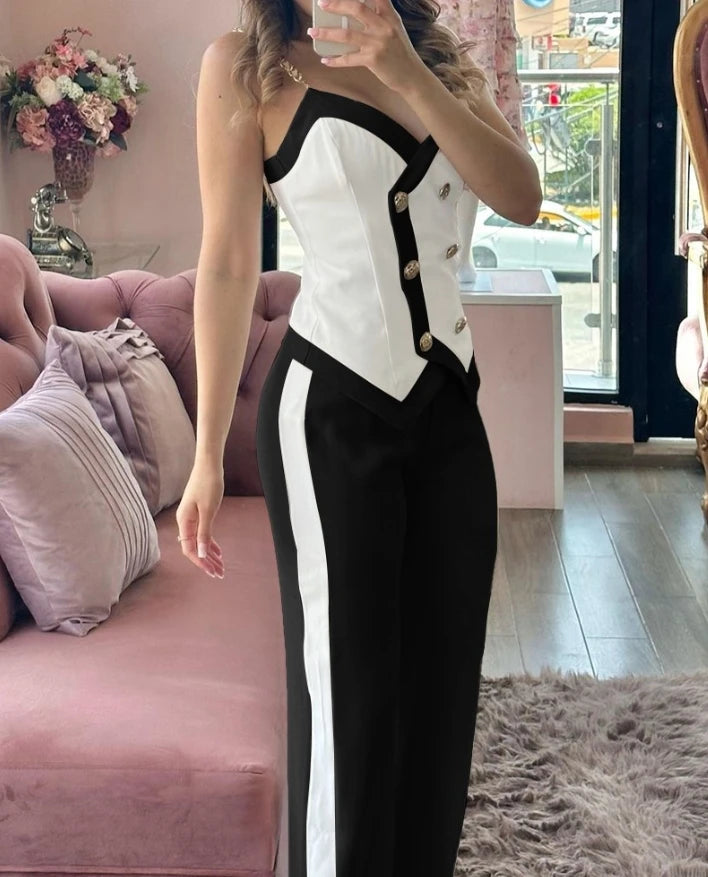 2024 Spring Women Casual Suit Set Contrast Paneled Skinny V-Neck Double Breasted Chain Strap Cami Top and Straight Leg Pants Set